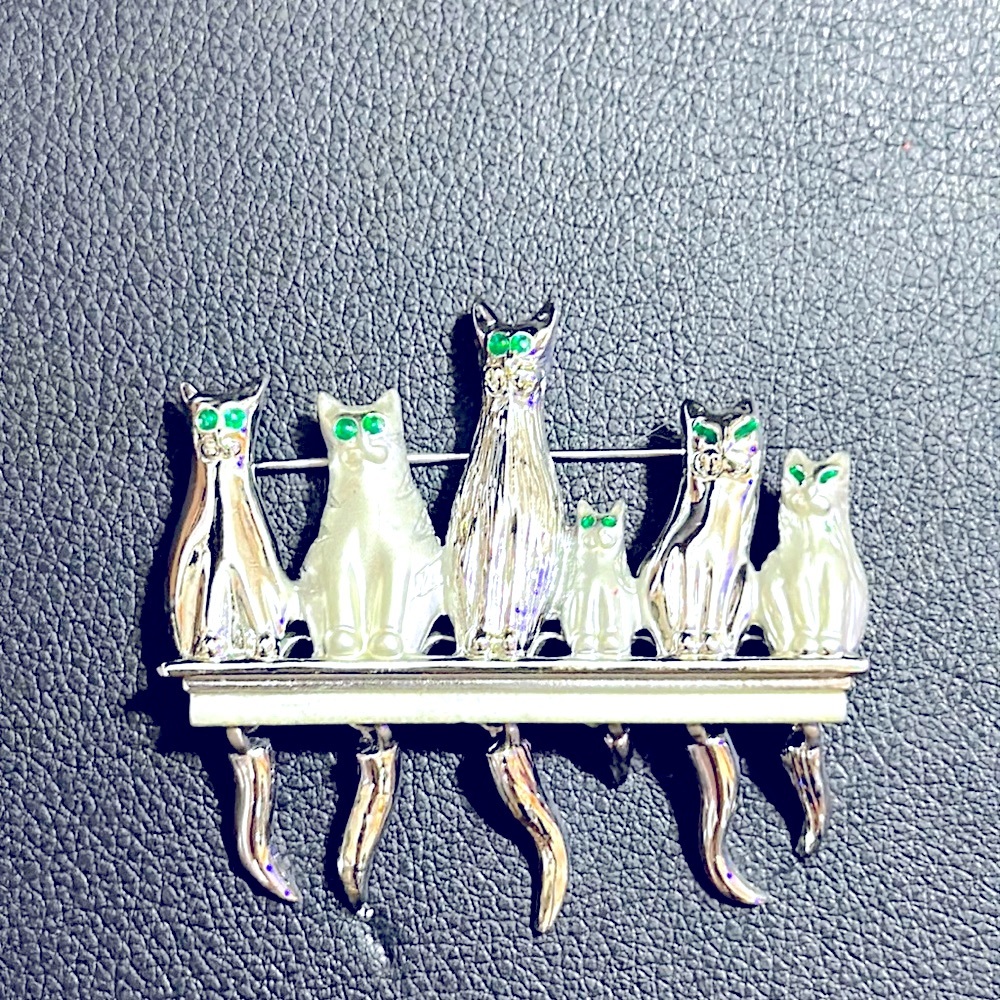 Estate Jewelry. AJC Signed Silver Tone Metal Cat  Brooch, Dangling Tails.